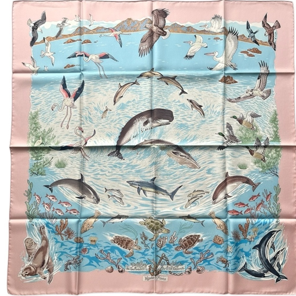 Hermès Pink Blue Rare “La Vie Précieuse de la Méditerranée” Silk Scarf 90